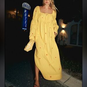 NWT Free People Emory Embroidered Midi Dress in Yellow Combo Size S